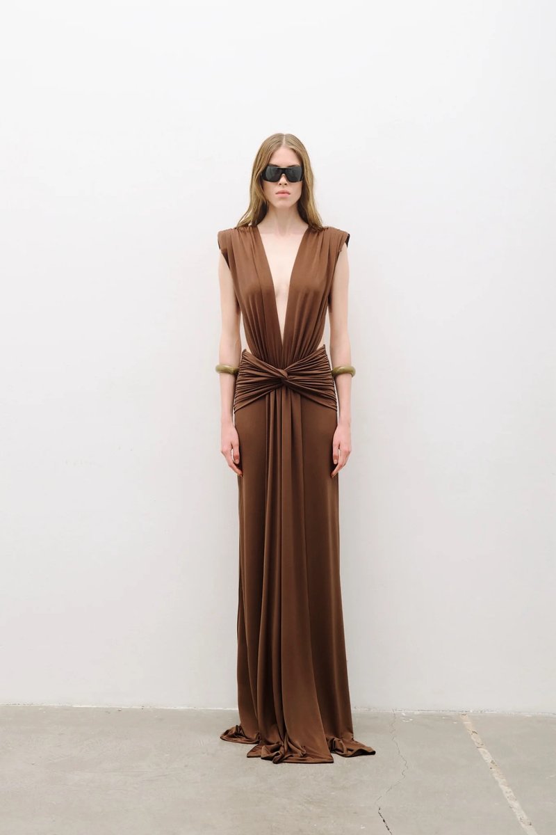 Deep V Neck Draped Brown Maxi Dress H7094