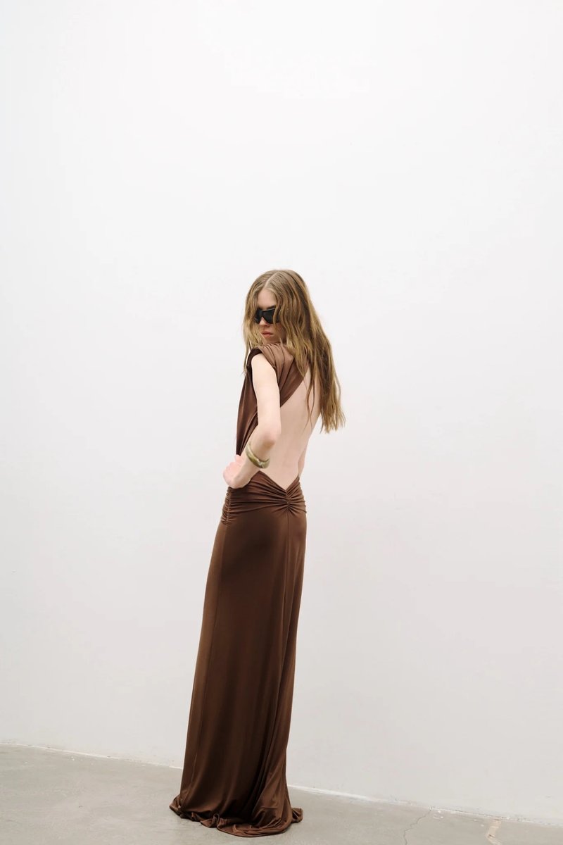 Deep V Neck Draped Brown Maxi Dress H7094