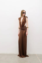Deep V Neck Draped Brown Maxi Dress H7094