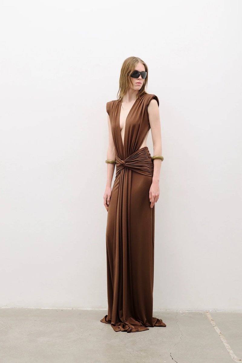 Deep V Neck Draped Brown Maxi Dress H7094