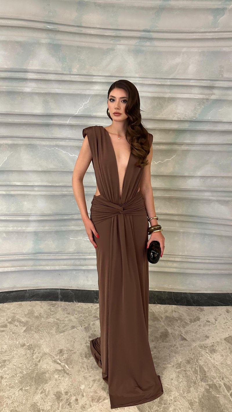 Deep V Neck Draped Brown Maxi Dress H7094