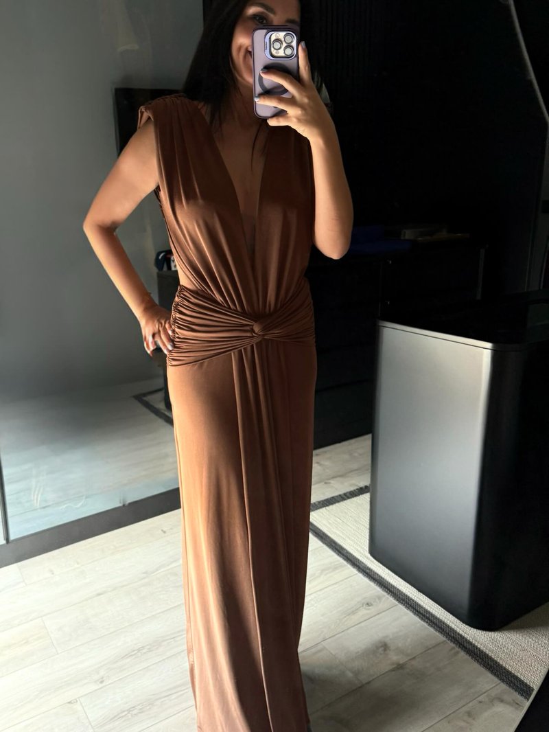 Deep V Neck Draped Brown Maxi Dress H7094