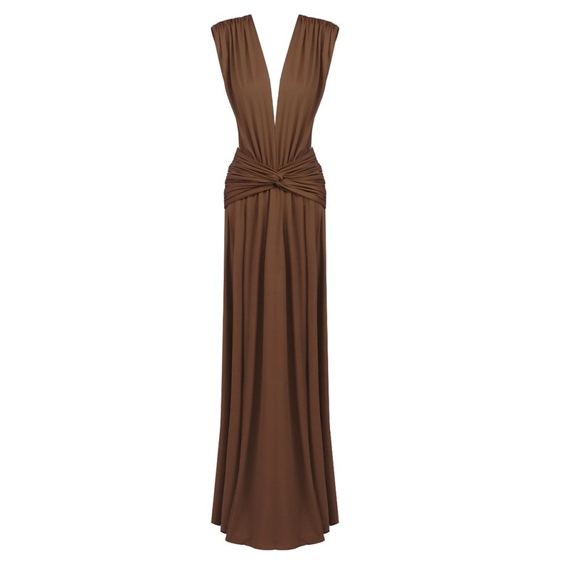 Deep V Neck Draped Brown Maxi Dress H7094