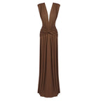 Deep V Neck Draped Brown Maxi Dress H7094