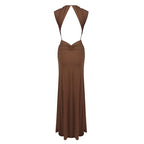 Deep V Neck Draped Brown Maxi Dress H7094