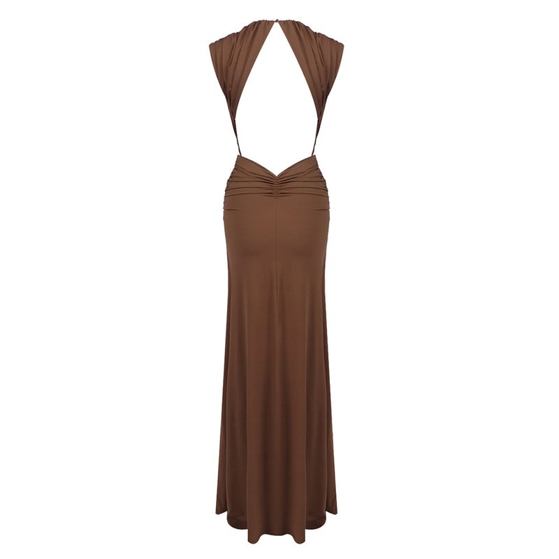Deep V Neck Draped Brown Maxi Dress H7094