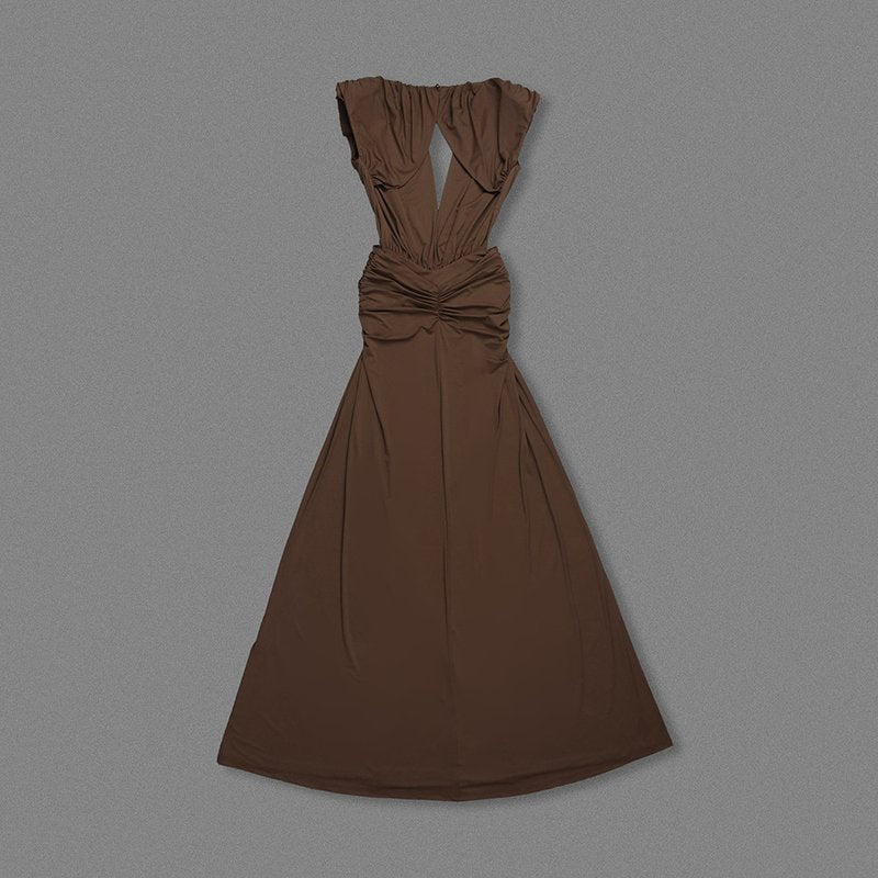 Deep V Neck Draped Brown Maxi Dress H7094