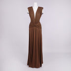Deep V Neck Draped Brown Maxi Dress H7094