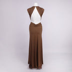 Deep V Neck Draped Brown Maxi Dress H7094
