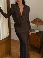 Deep V-Neck Draped Maxi Dress H6657