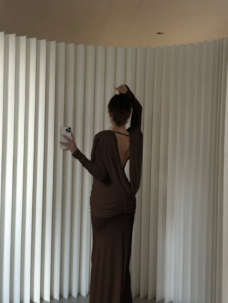 Deep V-Neck Draped Maxi Dress H6657