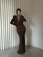 Deep V-Neck Draped Maxi Dress H6657