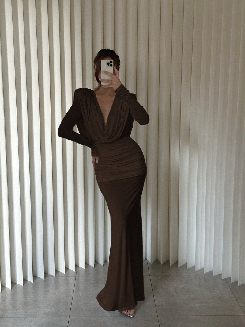 Deep V-Neck Draped Maxi Dress H6657