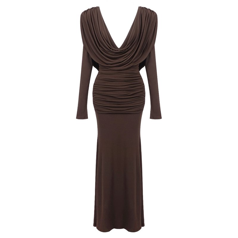 Deep V-Neck Draped Maxi Dress H6657