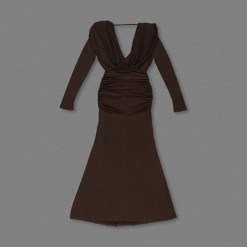 Deep V-Neck Draped Maxi Dress H6657