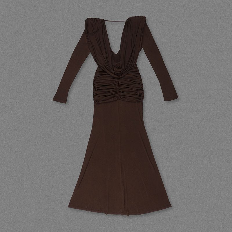 Deep V-Neck Draped Maxi Dress H6657