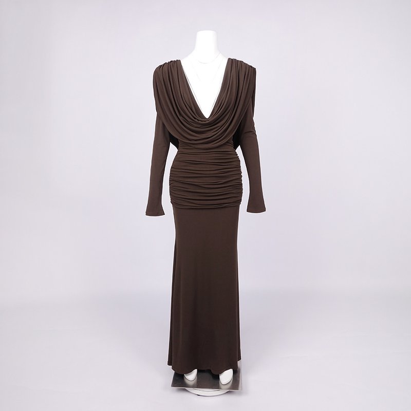 Deep V-Neck Draped Maxi Dress H6657