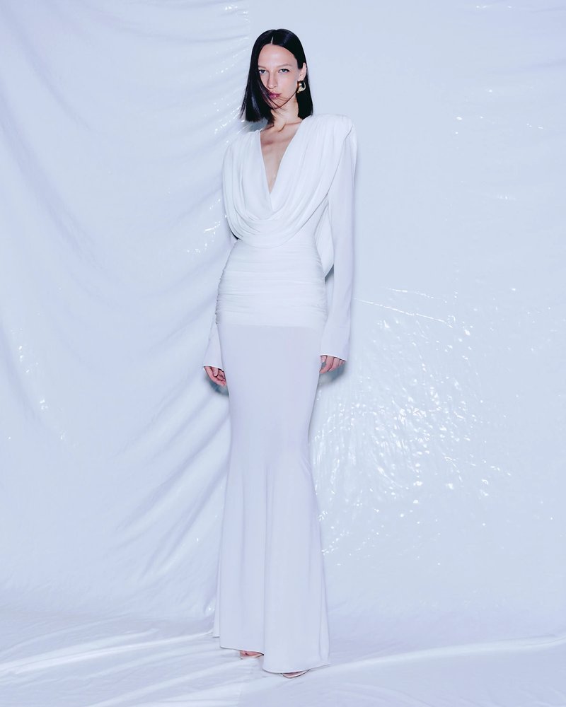 Deep V-Neck Draped Maxi Dress H6657