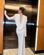 Deep V-Neck Draped Maxi Dress H6657