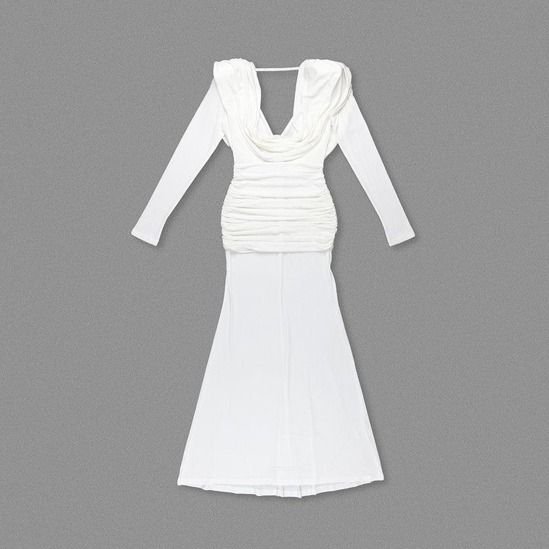 Deep V-Neck Draped Maxi Dress H6657