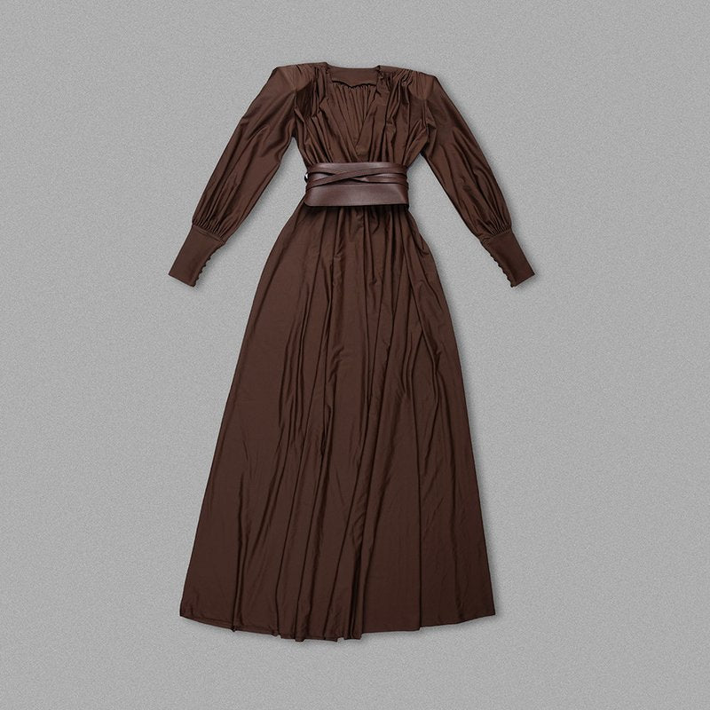Deep V-Neck Pleated Maxi Dress H6180