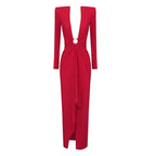 Deep V-Neck Red Plunge Gown H6007
