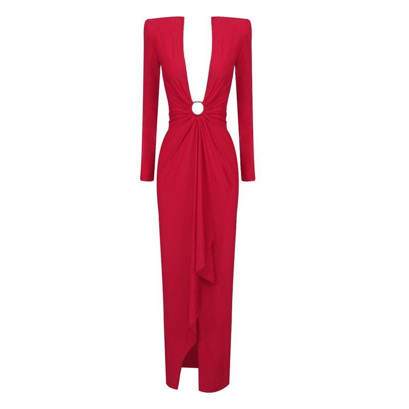 Deep V-Neck Red Plunge Gown H6007