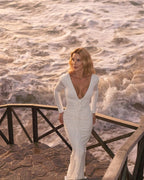 Deep V-Neck Ruched White Maxi Dress H6722