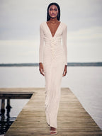 Deep V-Neck Ruched White Maxi Dress H6722