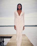Deep V-Neck Ruched White Maxi Dress H6722