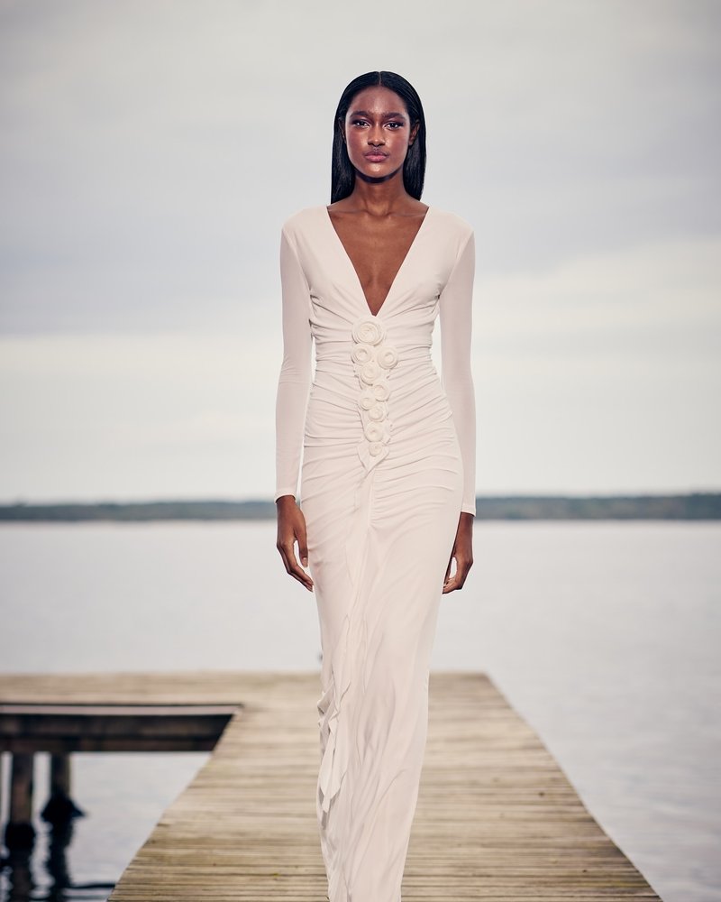 Deep V-Neck Ruched White Maxi Dress H6722
