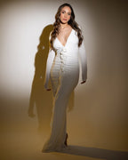 Deep V-Neck Ruched White Maxi Dress H6722
