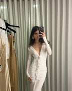 Deep V-Neck Ruched White Maxi Dress H6722