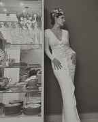 Deep V-Neck Ruched White Maxi Dress H6722