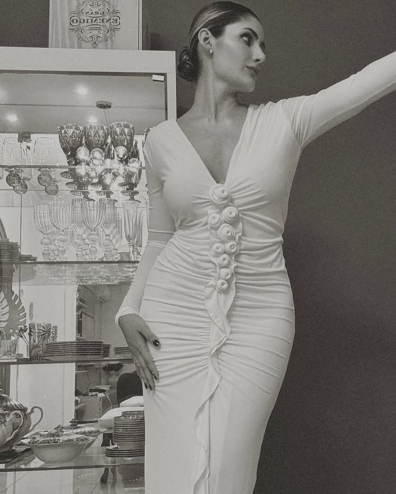 Deep V-Neck Ruched White Maxi Dress H6722