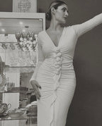 Deep V-Neck Ruched White Maxi Dress H6722