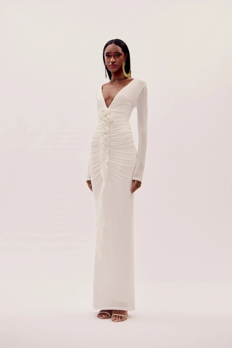 Deep V-Neck Ruched White Maxi Dress H6722