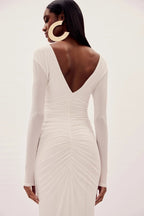 Deep V-Neck Ruched White Maxi Dress H6722