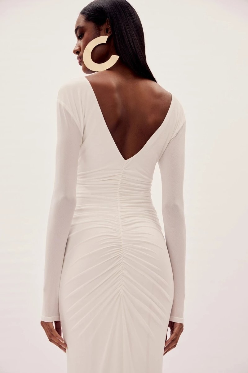 Deep V-Neck Ruched White Maxi Dress H6722