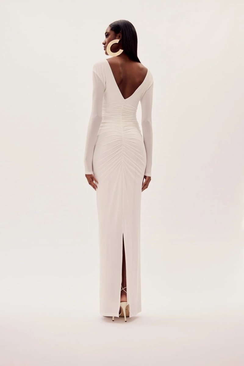 Deep V-Neck Ruched White Maxi Dress H6722