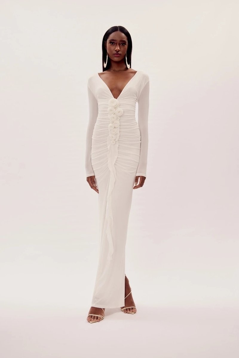 Deep V-Neck Ruched White Maxi Dress H6722