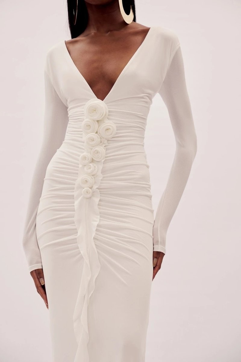 Deep V-Neck Ruched White Maxi Dress H6722