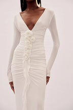 Deep V-Neck Ruched White Maxi Dress H6722