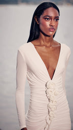 Deep V-Neck Ruched White Maxi Dress H6722