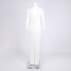 Deep V-Neck Ruched White Maxi Dress H6722