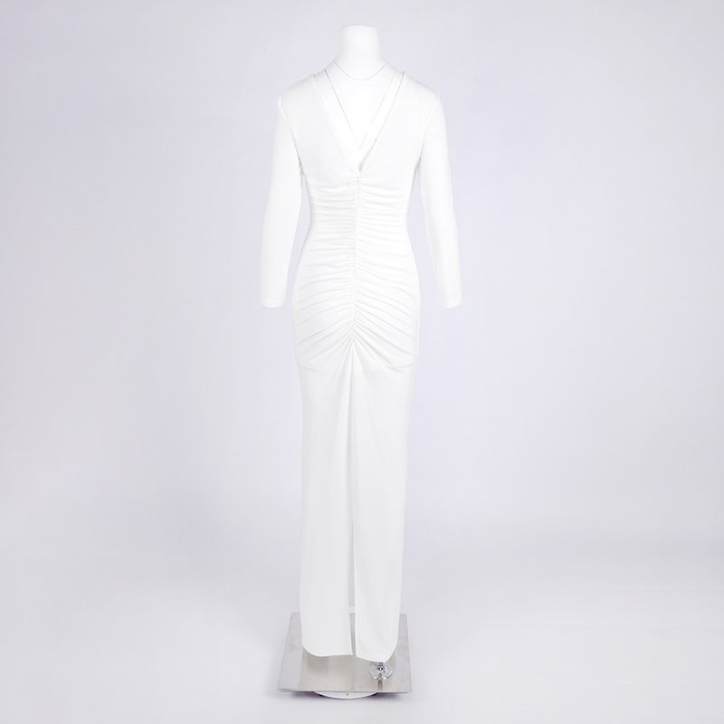 Deep V-Neck Ruched White Maxi Dress H6722