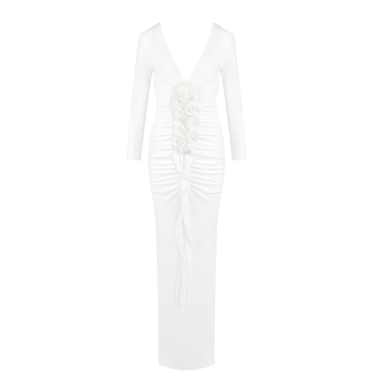 Deep V-Neck Ruched White Maxi Dress H6722