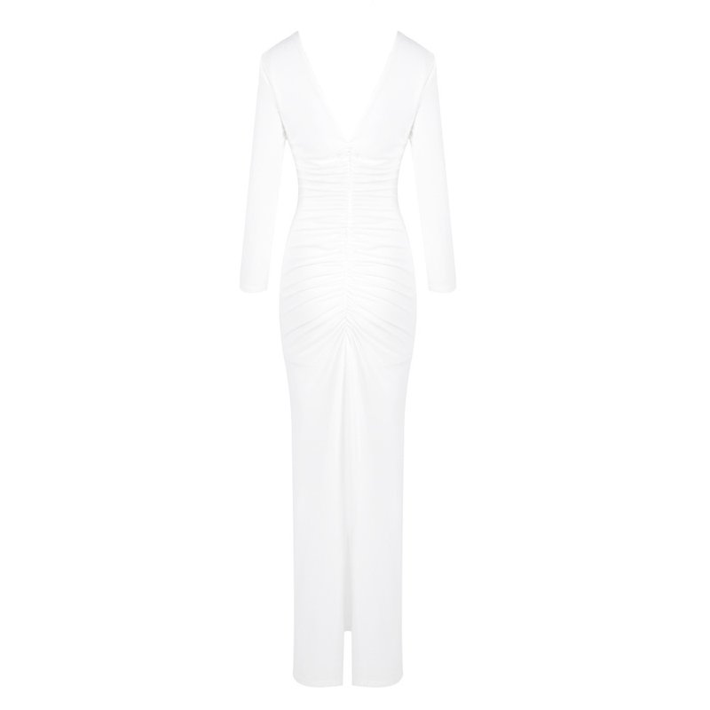 Deep V-Neck Ruched White Maxi Dress H6722