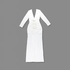 Deep V-Neck Ruched White Maxi Dress H6722