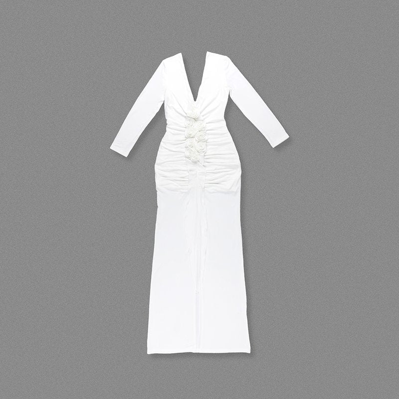 Deep V-Neck Ruched White Maxi Dress H6722